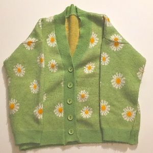 Green Daisy Print Button-Up Cardigan